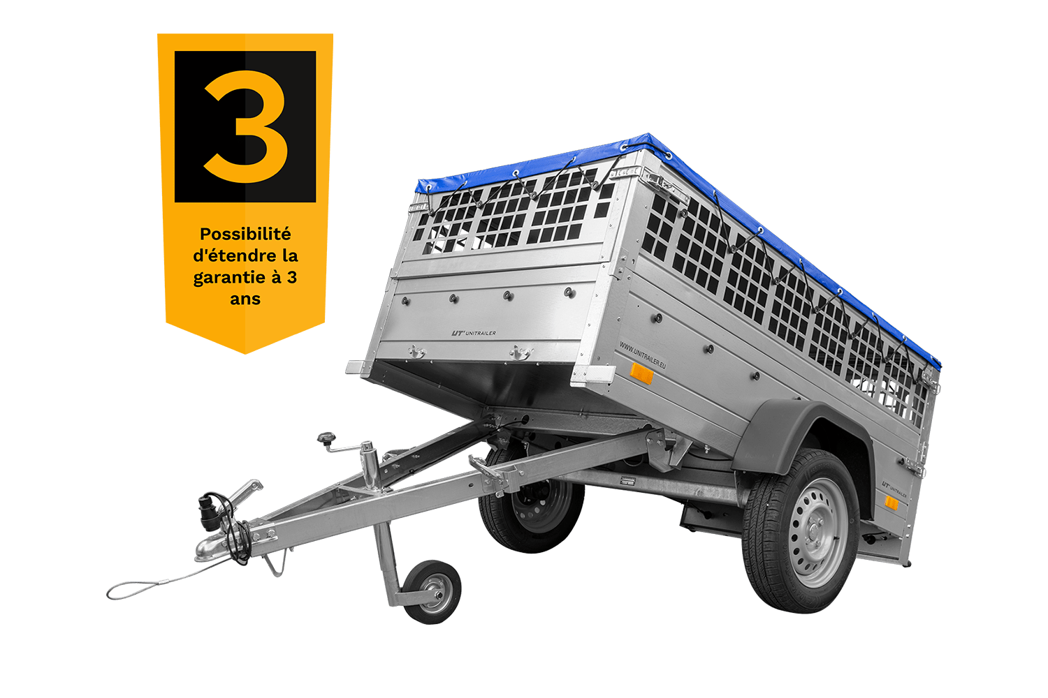 Remorque grillagée 200×106 avec bâche plate bleue, ridelles grillagées et roue jockey – Garden Trailer 200 KIPP